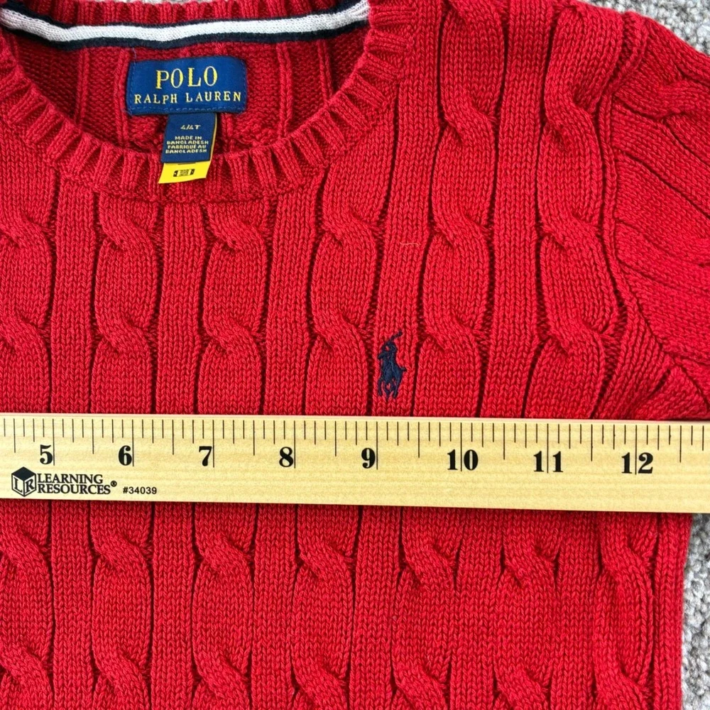 Polo Ralph‎ Lauren Cable Knit Sweater Kids 4/4T Red Classic Preppy Cotton Pony